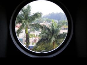 The Unique’s playful porthole windows actually open. Shades are lowered and raised electronically.