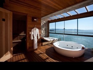 Ponta dos Gancho guests can prep in their Emerald Villa’s dry sauna before soaking in the enormous whirlpool tub,