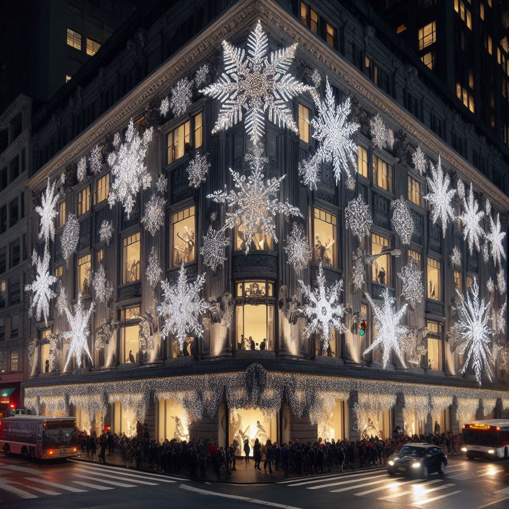 Dancing Snowflakes on the side of Saks Fifth Avenue